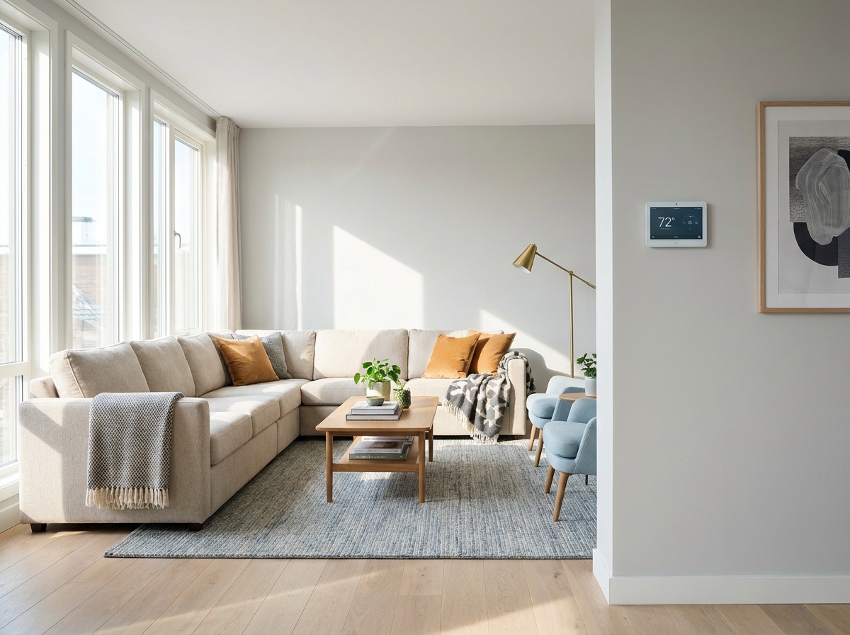 A comfortable Orange County living room with a smart thermostat on the wall