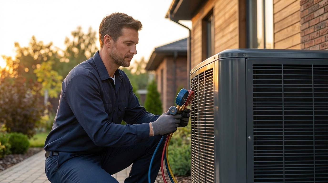 An RL HVAC technician servicing an outdoor condenser unit at golden hour